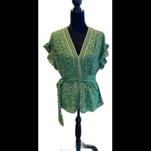 Max Studio New Blouse Medium Emerald Green Ruffle Sleeve Lightweight V Neck Top